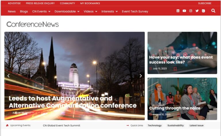 Redesigned homepage of UK conference news website after Drupal to WordPress migration