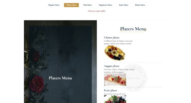 partybuffet.uk website menu page