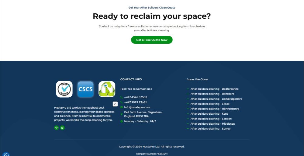 All Service pages for after builders cleaning on MostaPro’s Essex website
