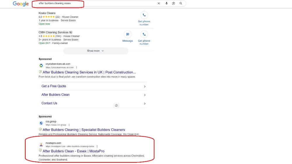 MostaPro cleaning company website essex seo google results