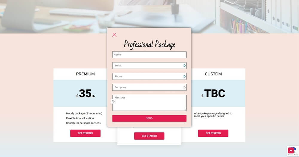 Pop-up enquiry form on EvaYourPA website package section-