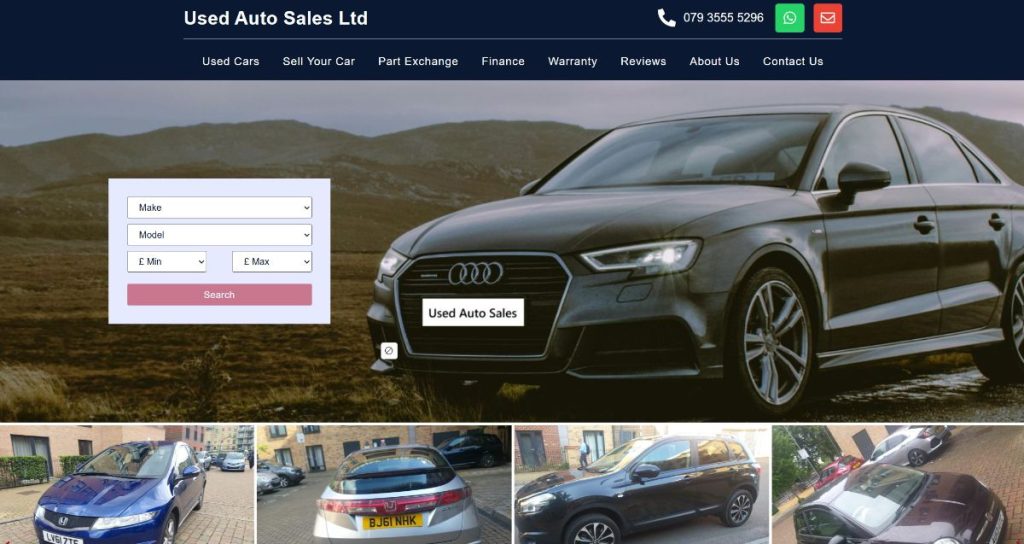 Used Auto Sales Limited forecourt in Romford, Essex after new website launch