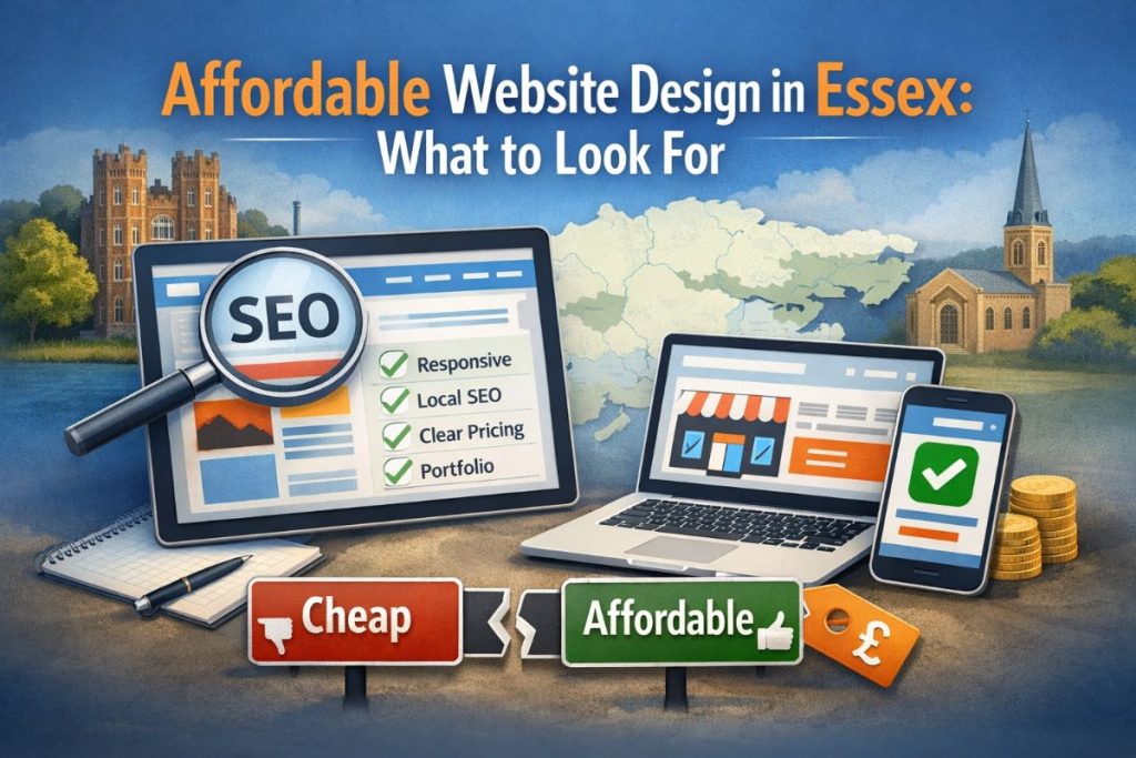 Illustration showing affordable website design in Essex, highlighting SEO, mobile-friendly layouts, clear pricing, and the difference between cheap and affordable websites.