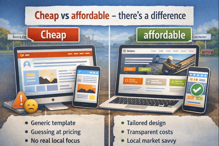 Side-by-side comparison of cheap versus affordable website design in Essex, showing generic templates and poor mobile usability versus tailored design, clear pricing, and local focus.
