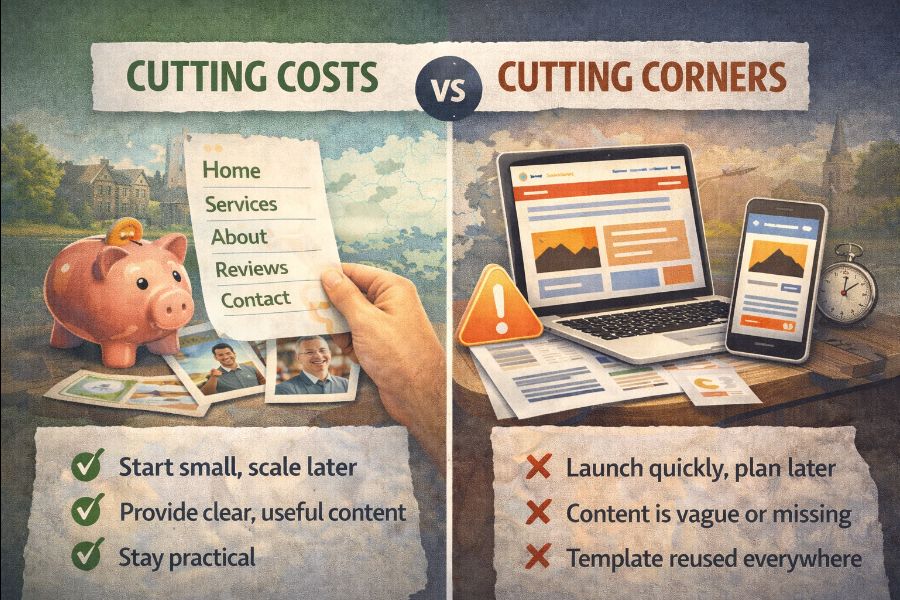 Comparison illustrating cutting costs versus cutting corners in website design, showing practical staged improvements on one side and rushed, low-quality website builds on the other.