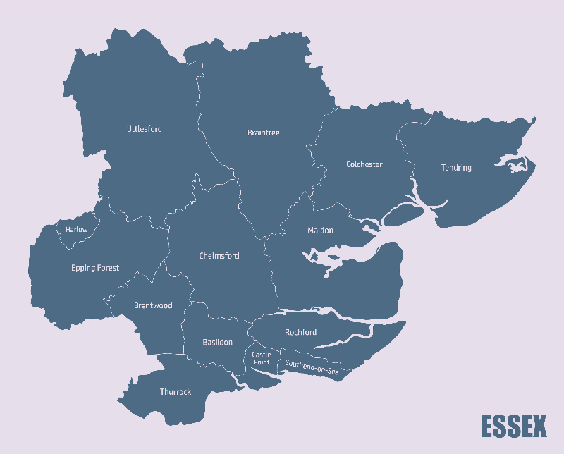 Professional hero image featuring a an outline map of Essex representing the 2025 Essex Business Website Report.