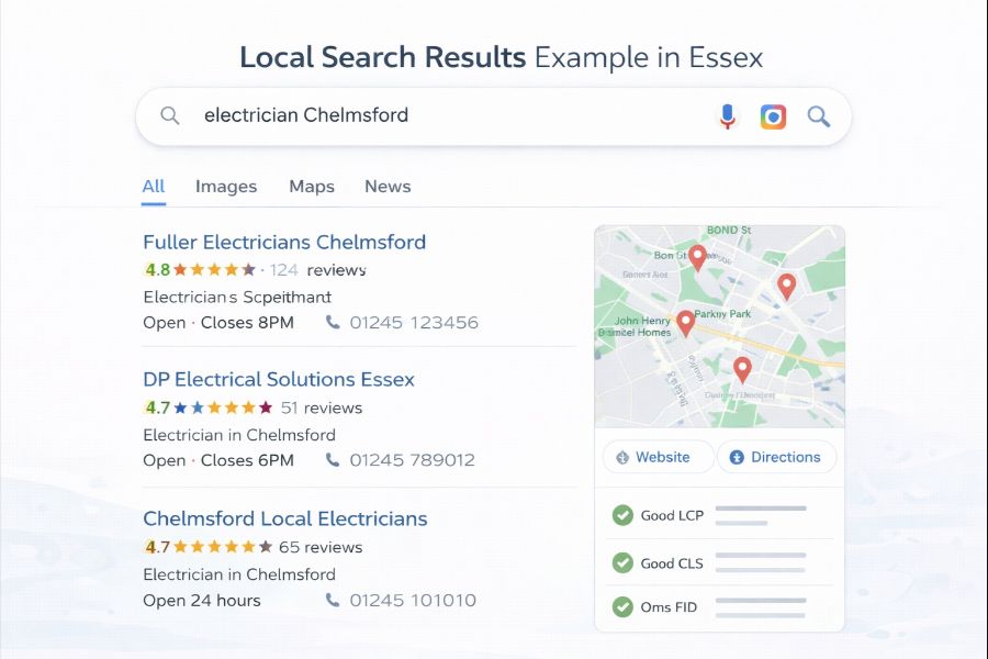 Google search results for electrician in Chelmsford Essex