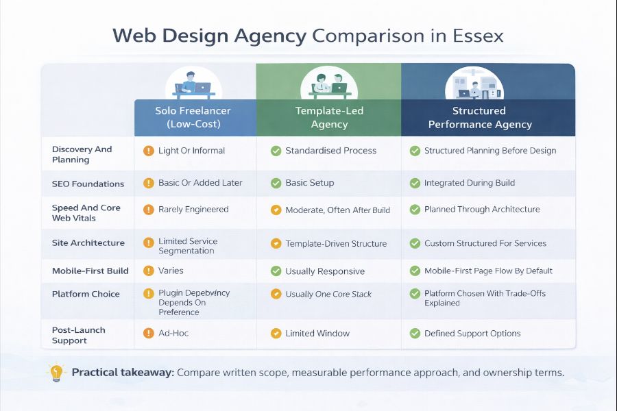 Comparison of web design agency types in Essex in 2026