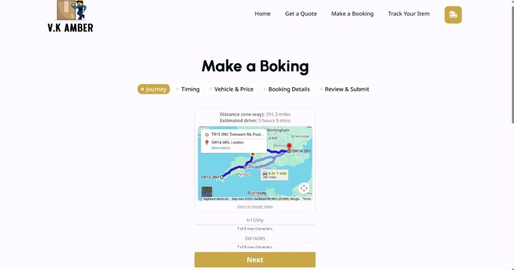V.K AMBER Couriers website booking system