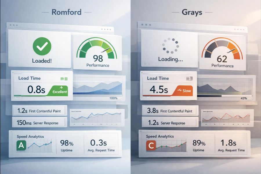 Website speed comparison between Romford and Grays business websites