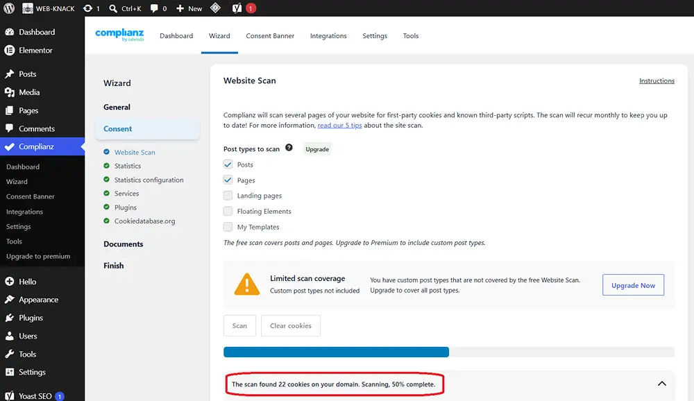 Complianz website scan showing 22 detected cookies after troubleshooting the scanner