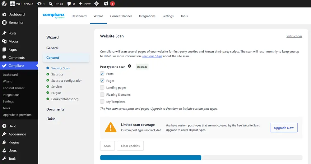 Complianz website cookie scan stuck at 50% during the WEB-KNACK WordPress setup