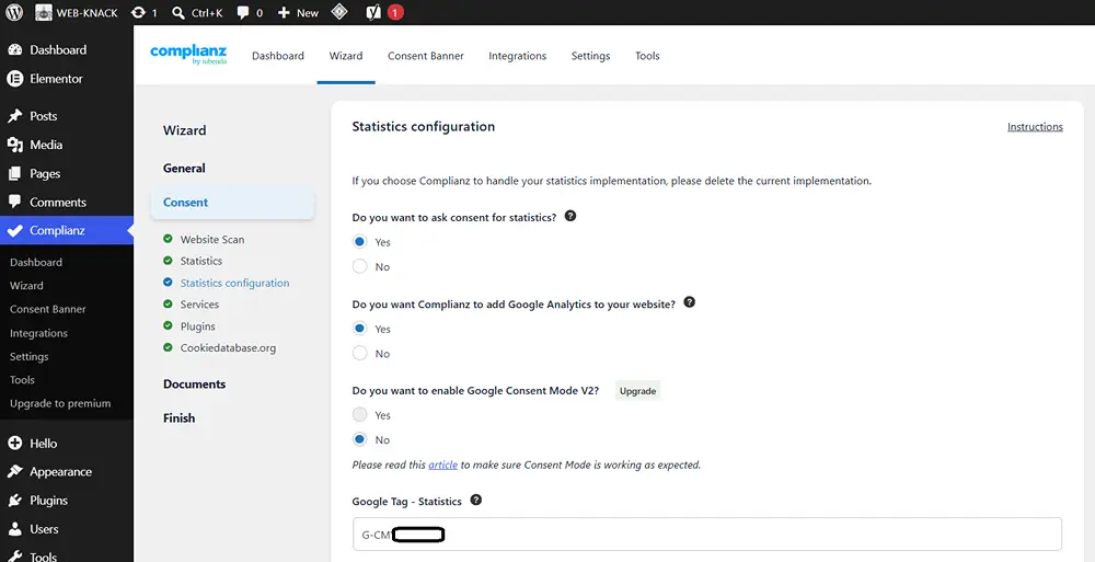 Complianz Statistics settings used to manage Google Analytics 4 on the WEB-KNACK WordPress website