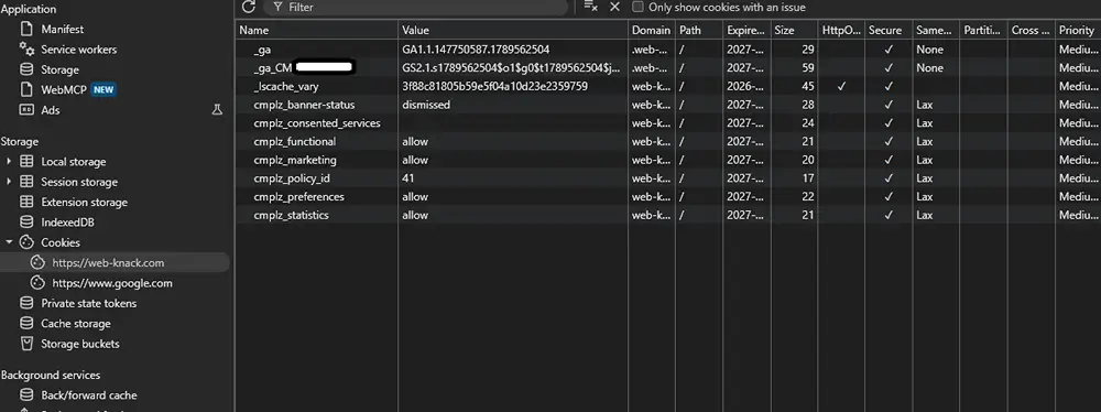 Browser testing showing GA4 cookies absent before Statistics consent and present after Statistics was accepted