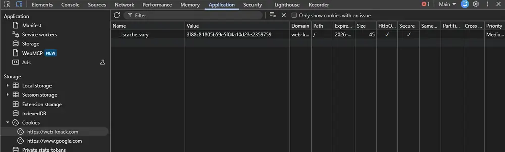 Chrome DevTools showing GA4 cookies present before Statistics consent during the initial WEB-KNACK test