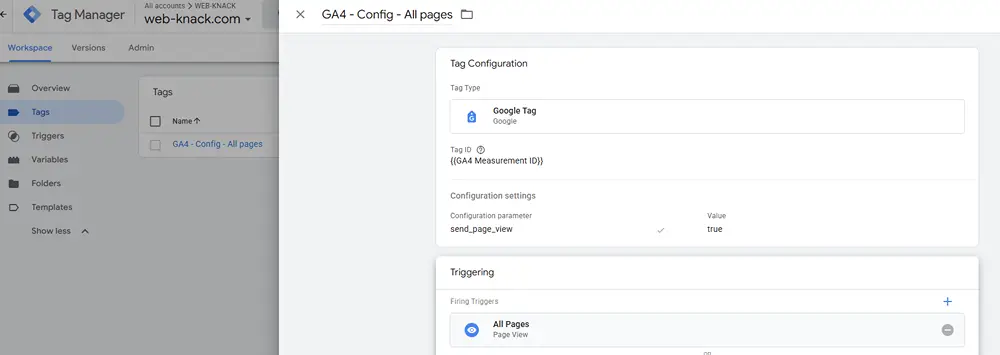 Google Tag Manager configuration showing the GA4 tag using an All Pages trigger