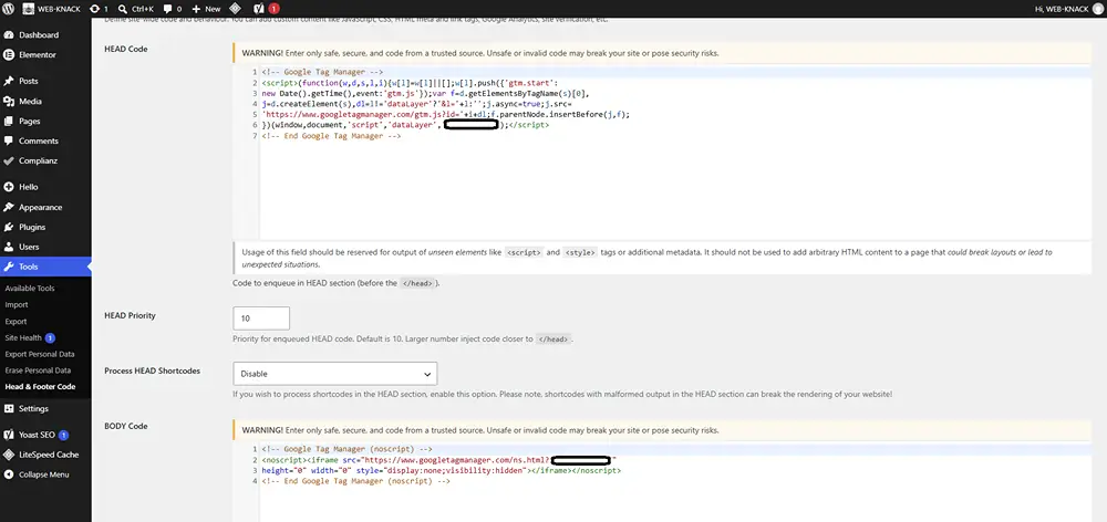 Google Tag Manager HEAD and BODY installation snippets in the WordPress Head and Footer Code settings