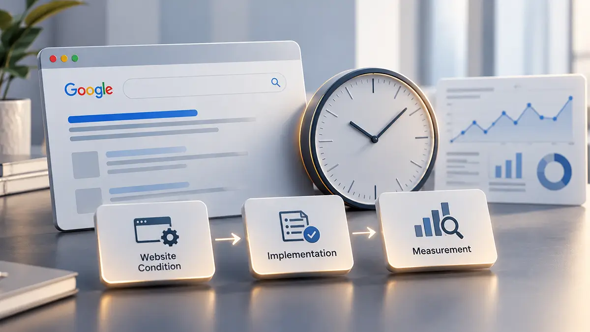 SEO timeline illustration showing website condition, implementation and performance measurement.